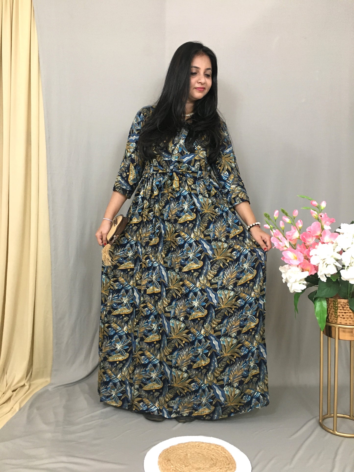 Blue - Palm Leafs Print - Maternity Kurti with Feeding Zips - Soft Rayon