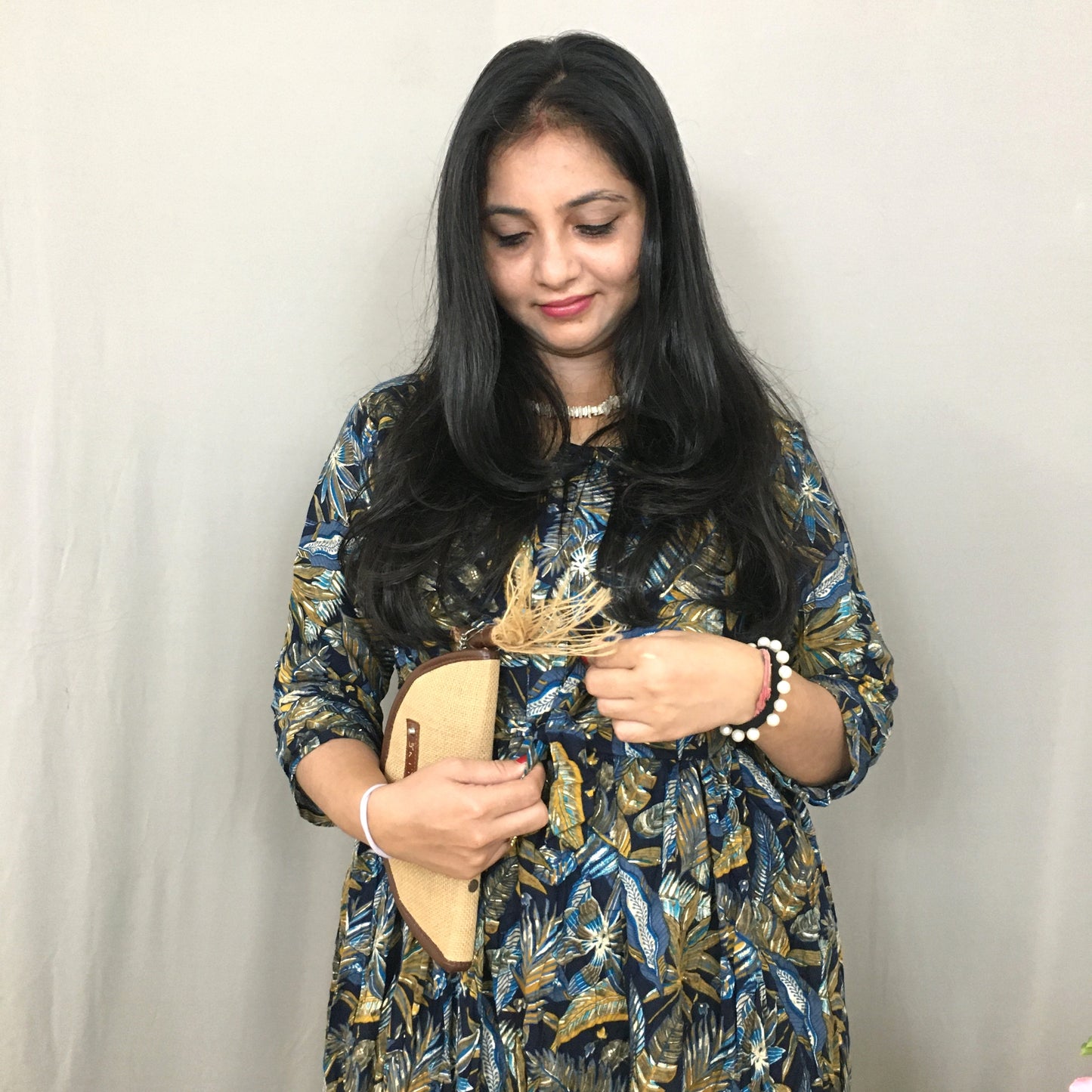 Blue - Palm Leafs Print - Maternity Kurti with Feeding Zips - Soft Rayon