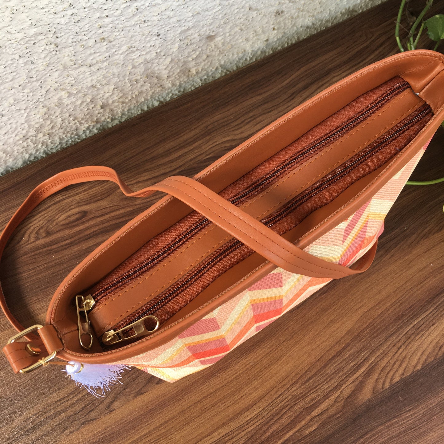 Minsk - 3 zip- Big size - Sling Bag - Orange Cream ZigZag