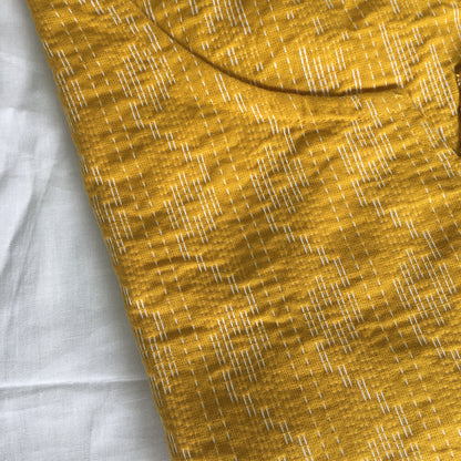 Yellow Katha work Cotton Kurti- Knee Length - 3568