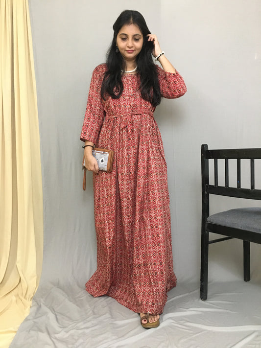 Maternity Kurti with Feeding Zips - Pure Cotton - Kalamkari Ajrakh Red