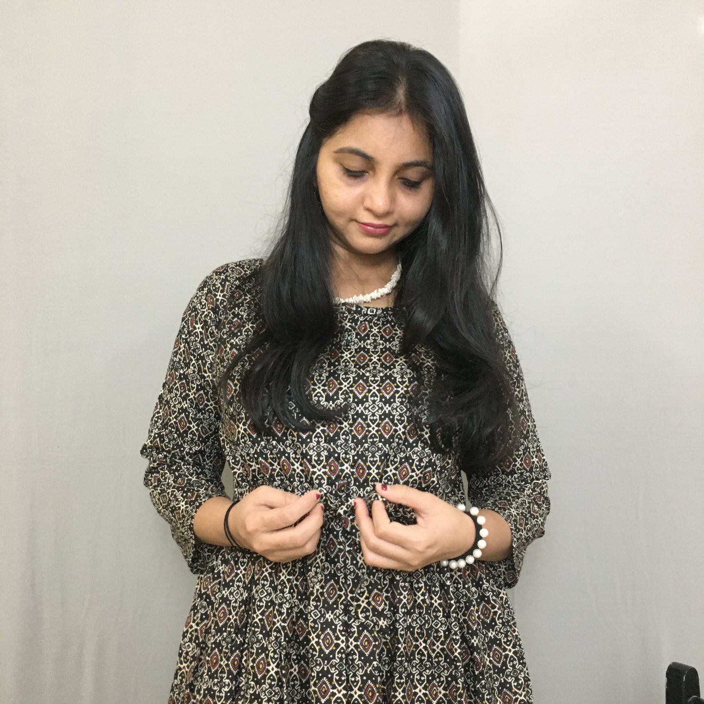 Maternity Kurti with Feeding Zips - Pure Cotton - Kalamkari Ajrakh Black