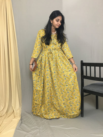 Maternity Kurti with Feeding Zips - Pure Cotton - Yellow Multi flower Print
