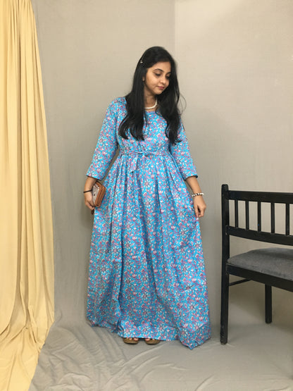 Maternity Kurti with Feeding Zips - Pure Cotton - Firozi Multi flower Print