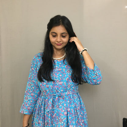 Maternity Kurti with Feeding Zips - Pure Cotton - Firozi Multi flower Print