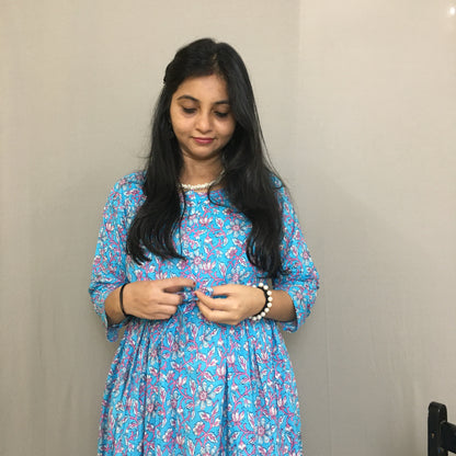 Maternity Kurti with Feeding Zips - Pure Cotton - Firozi Multi flower Print