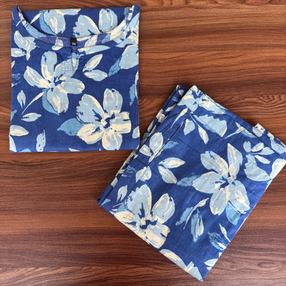 Jasmine White Flower - Blue - Cord Set - Pure Cotton