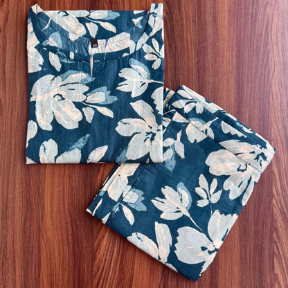 Jasmine White Flower - Peacock Blue - Cord Set - Pure Cotton