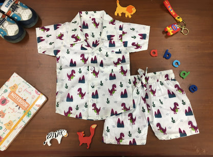 Kids Shirt & Short set - Purple Dainosaur