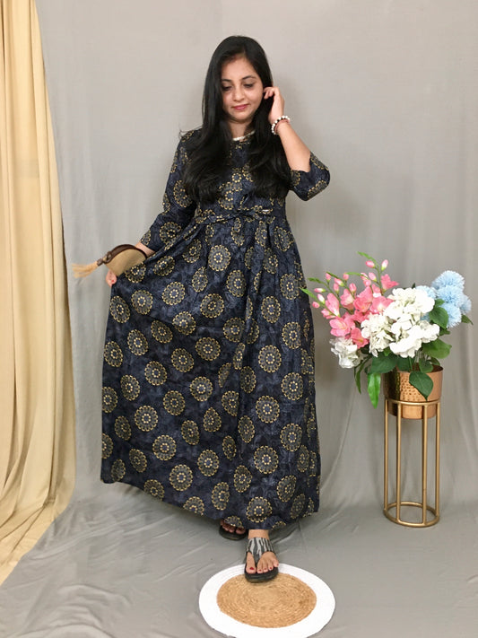 Dark Blue - Gold Sunflower - Maternity Kurti with Feeding Zips - Cambric Cotton