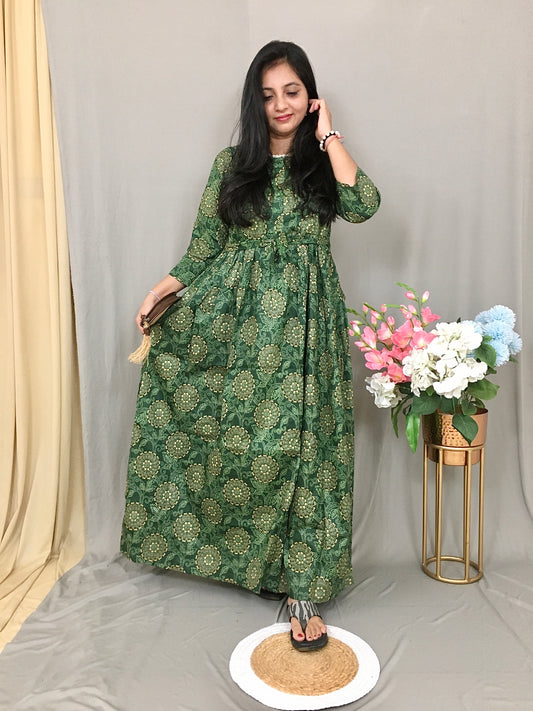 Green - Gold Sunflower - Maternity Kurti with Feeding Zips - Cambric Cotton