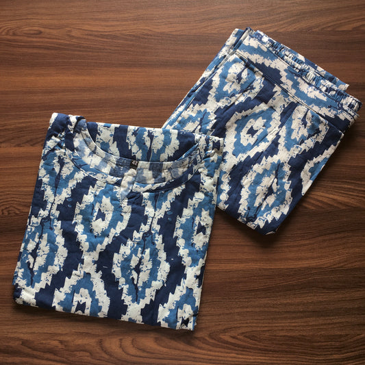 Blue White Daimond Shape Print - Cord Set - Pure Cotton