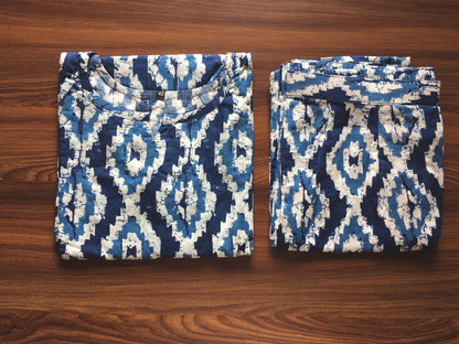 Blue White Daimond Shape Print - Cord Set - Pure Cotton
