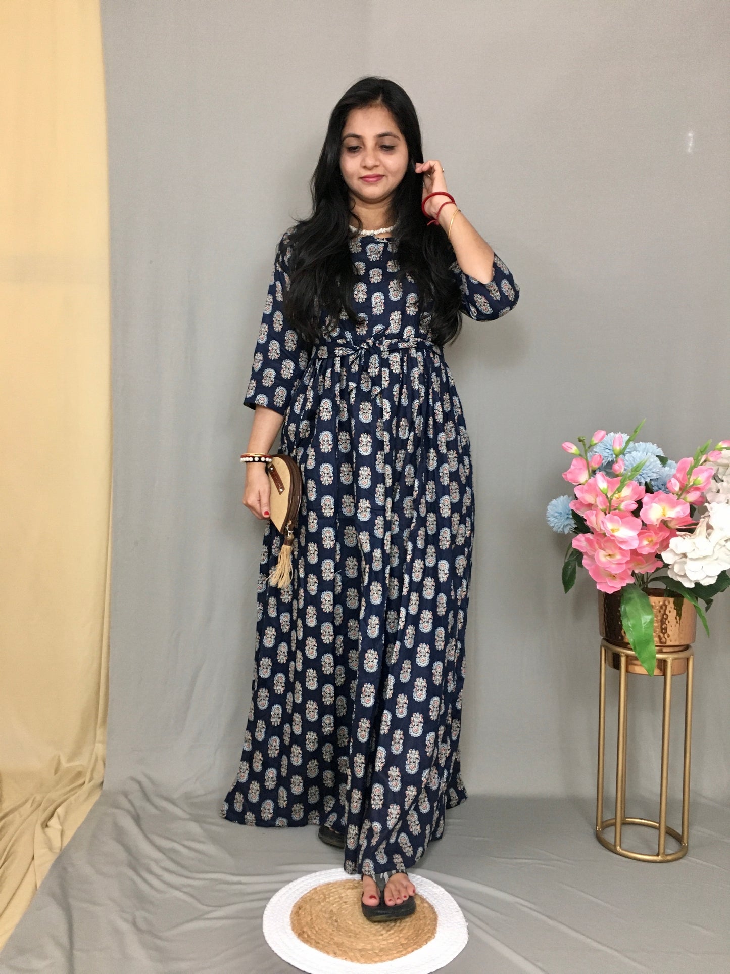 Navy Blue - Daisy Flower - Maternity Kurti with Feeding Zips - Cambric Cotton