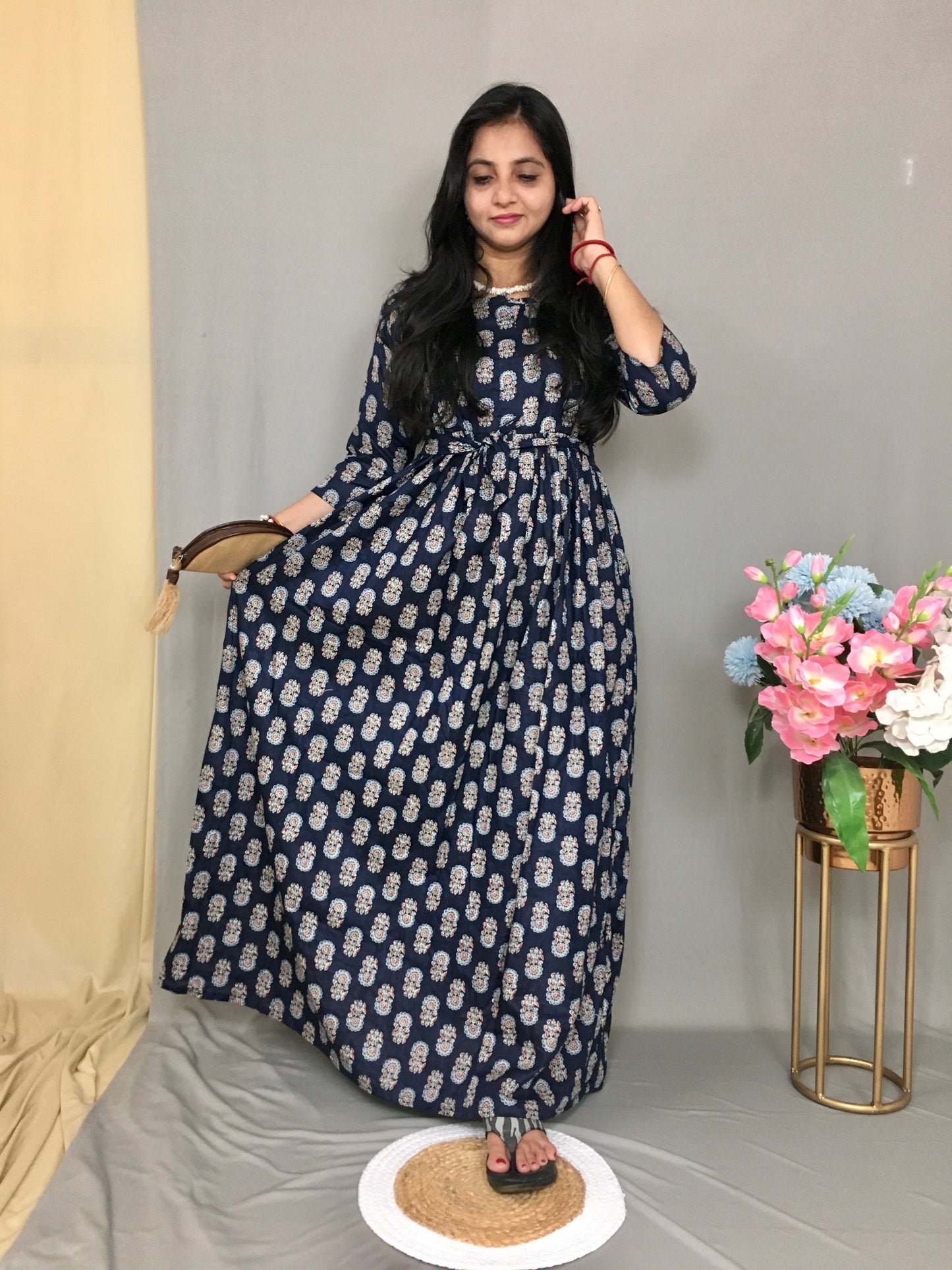 Navy Blue - Daisy Flower - Maternity Kurti with Feeding Zips - Cambric Cotton