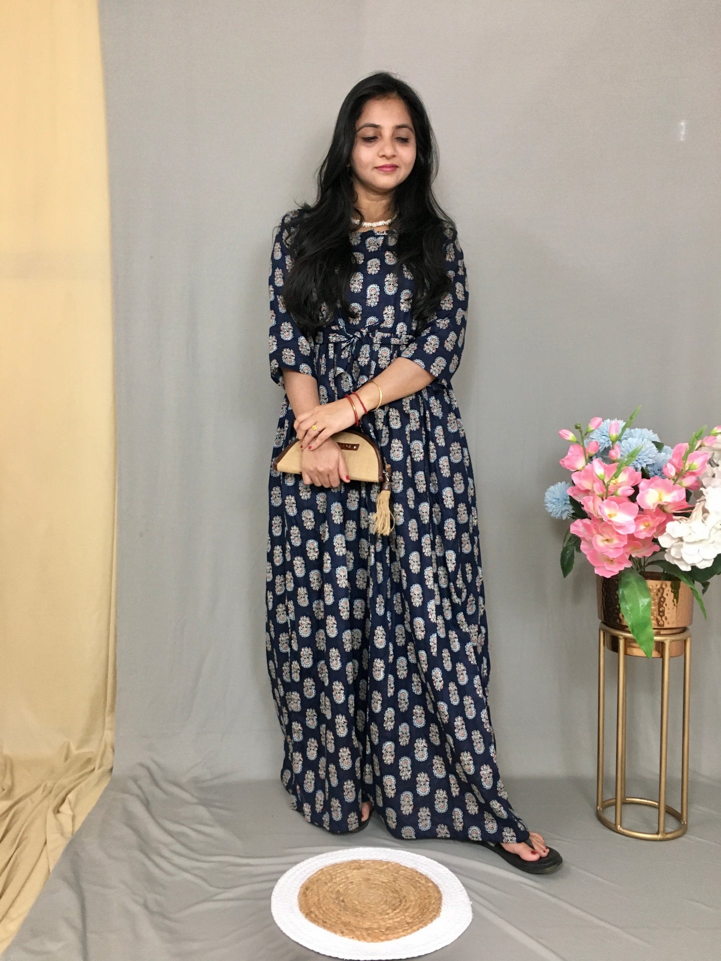 Navy Blue - Daisy Flower - Maternity Kurti with Feeding Zips - Cambric Cotton