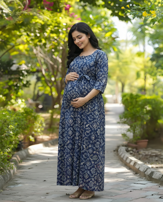 Indigo Jasmine Flower - Maternity Kurti with Feeding Zips - Cambric Cotton