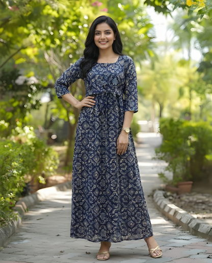 Indigo Jasmine Flower - Maternity Kurti with Feeding Zips - Cambric Cotton