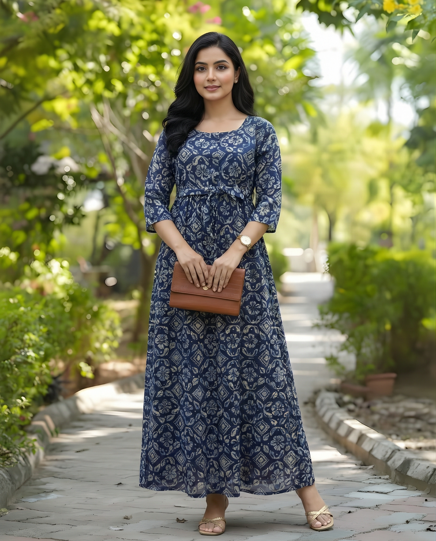 Indigo Jasmine Flower - Maternity Kurti with Feeding Zips - Cambric Cotton