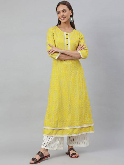 Yellow Lace work Cotton Kurti- Knee Length - 3871