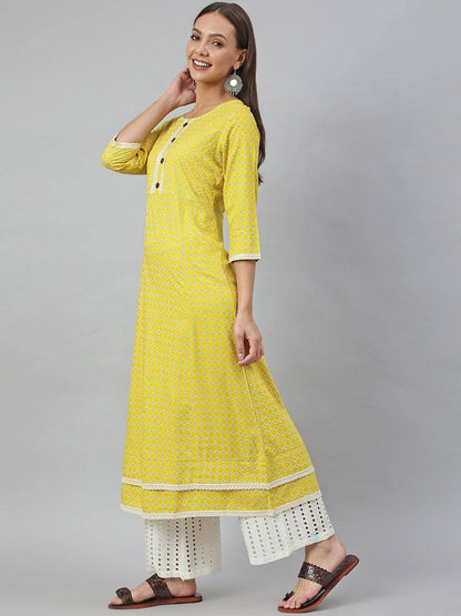 Yellow Lace work Cotton Kurti- Knee Length - 3871