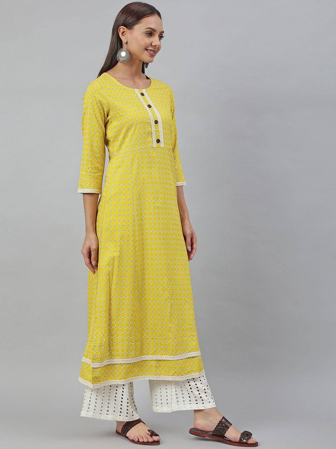 Yellow Lace work Cotton Kurti- Knee Length - 3871