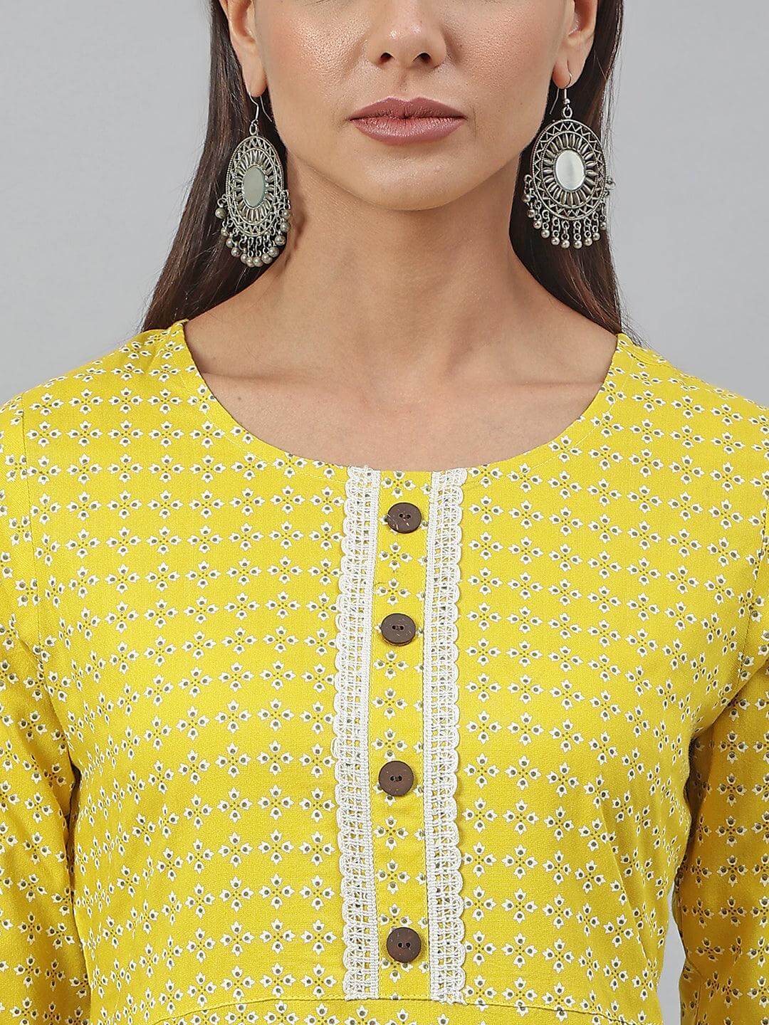 Yellow Lace work Cotton Kurti- Knee Length - 3871