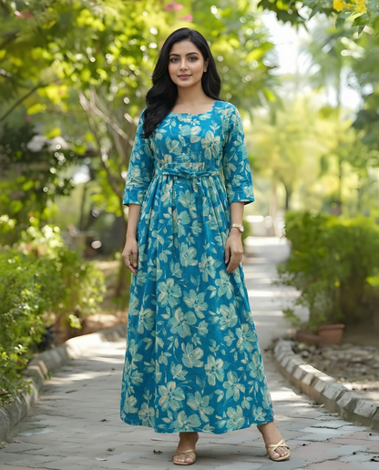 Jasmine White Flower - Firozi - Maternity Kurti with Feeding Zips - Cambric Cotton