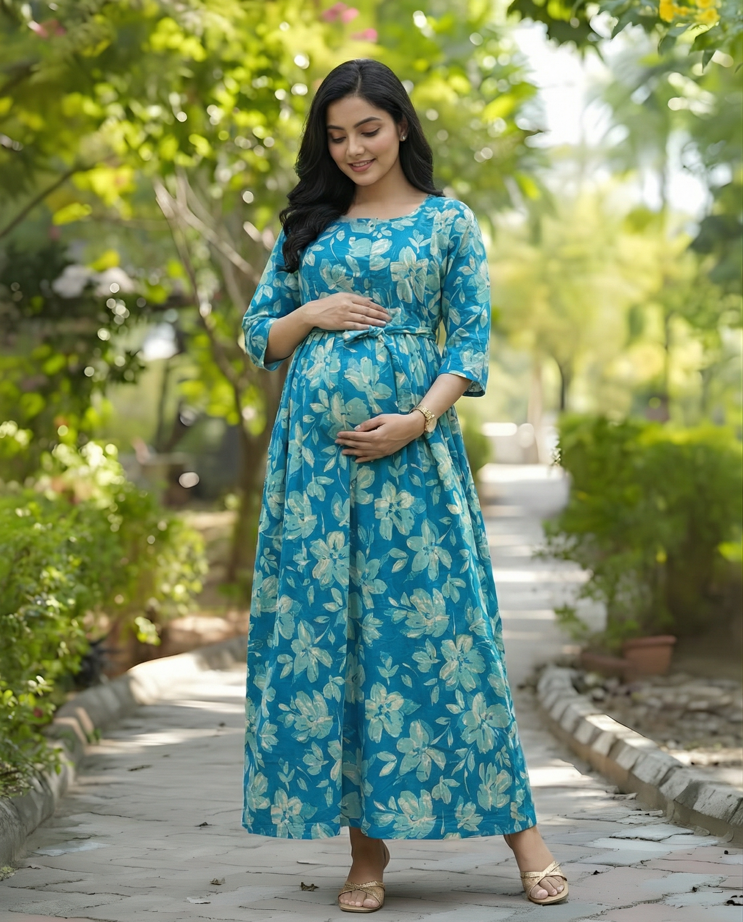 Jasmine White Flower - Firozi - Maternity Kurti with Feeding Zips - Cambric Cotton