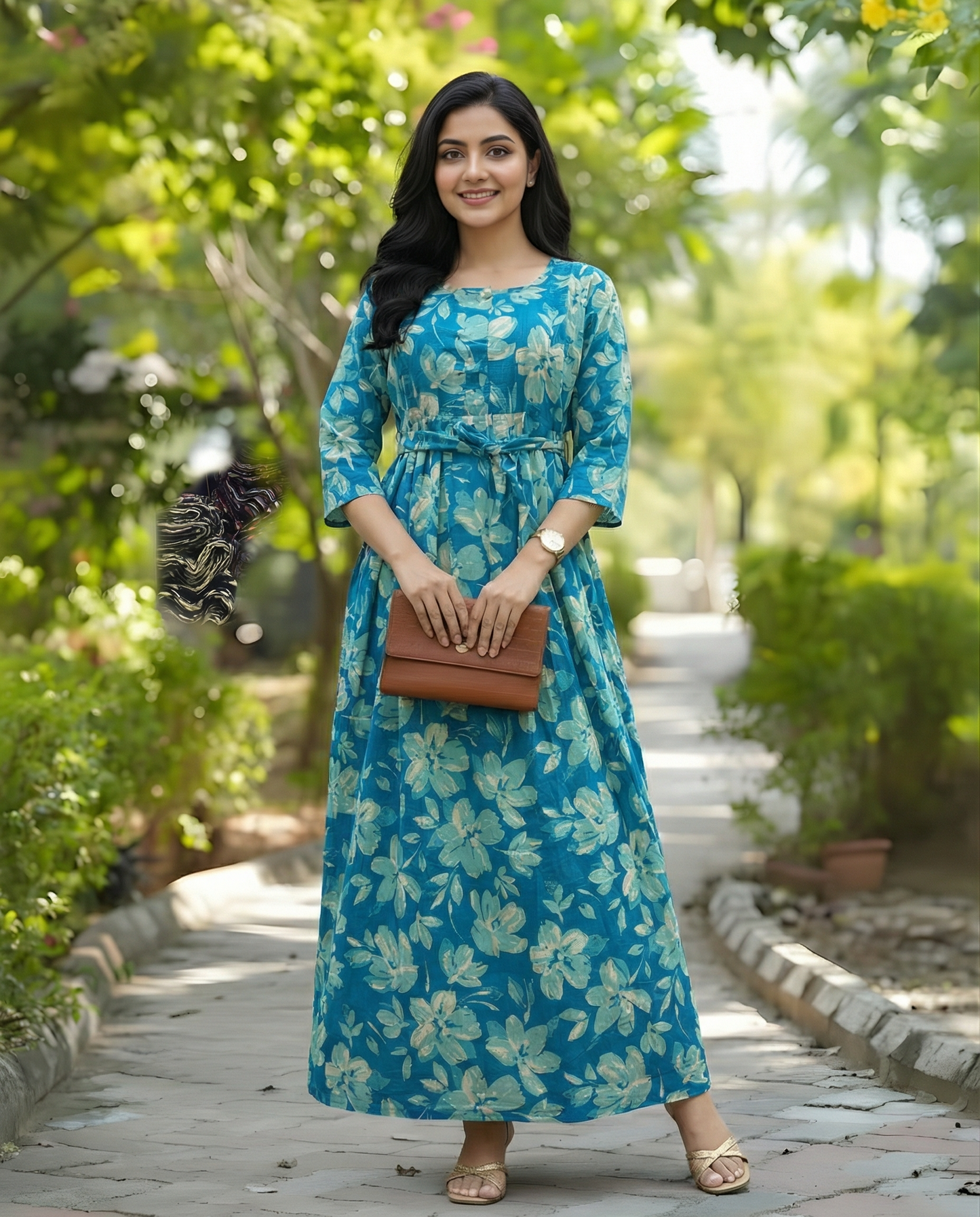 Jasmine White Flower - Firozi - Maternity Kurti with Feeding Zips - Cambric Cotton