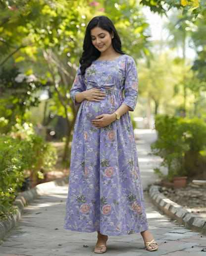 Lavander Green Flower - Maternity Kurti with Feeding Zips - Cambric Cotton
