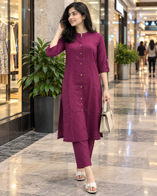 Katha Work - Purple  - Cord Set - Pure Cotton
