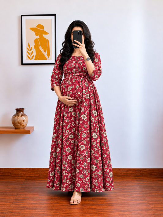 Maroon Forrest Print - Maternity Kurti with Feeding Zips - Cotton Flex - Thicker Fabric