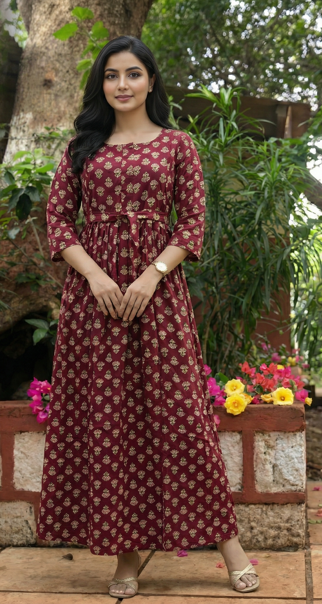 Maroon Pink Flower - Maternity Kurti with Feeding Zips - Soft Rayon