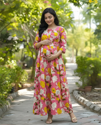 Baby Pink - Mix Flower - Maternity Kurti with Feeding Zips - Cotton Flex - Thicker Fabric