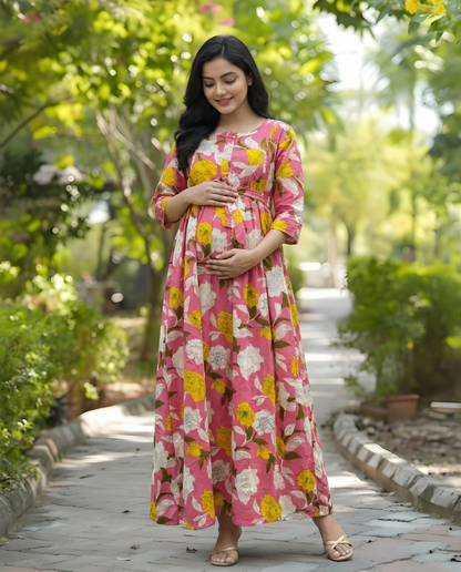 Baby Pink - Mix Flower - Maternity Kurti with Feeding Zips - Cotton Flex - Thicker Fabric