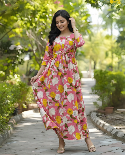 Baby Pink - Mix Flower - Maternity Kurti with Feeding Zips - Cotton Flex - Thicker Fabric