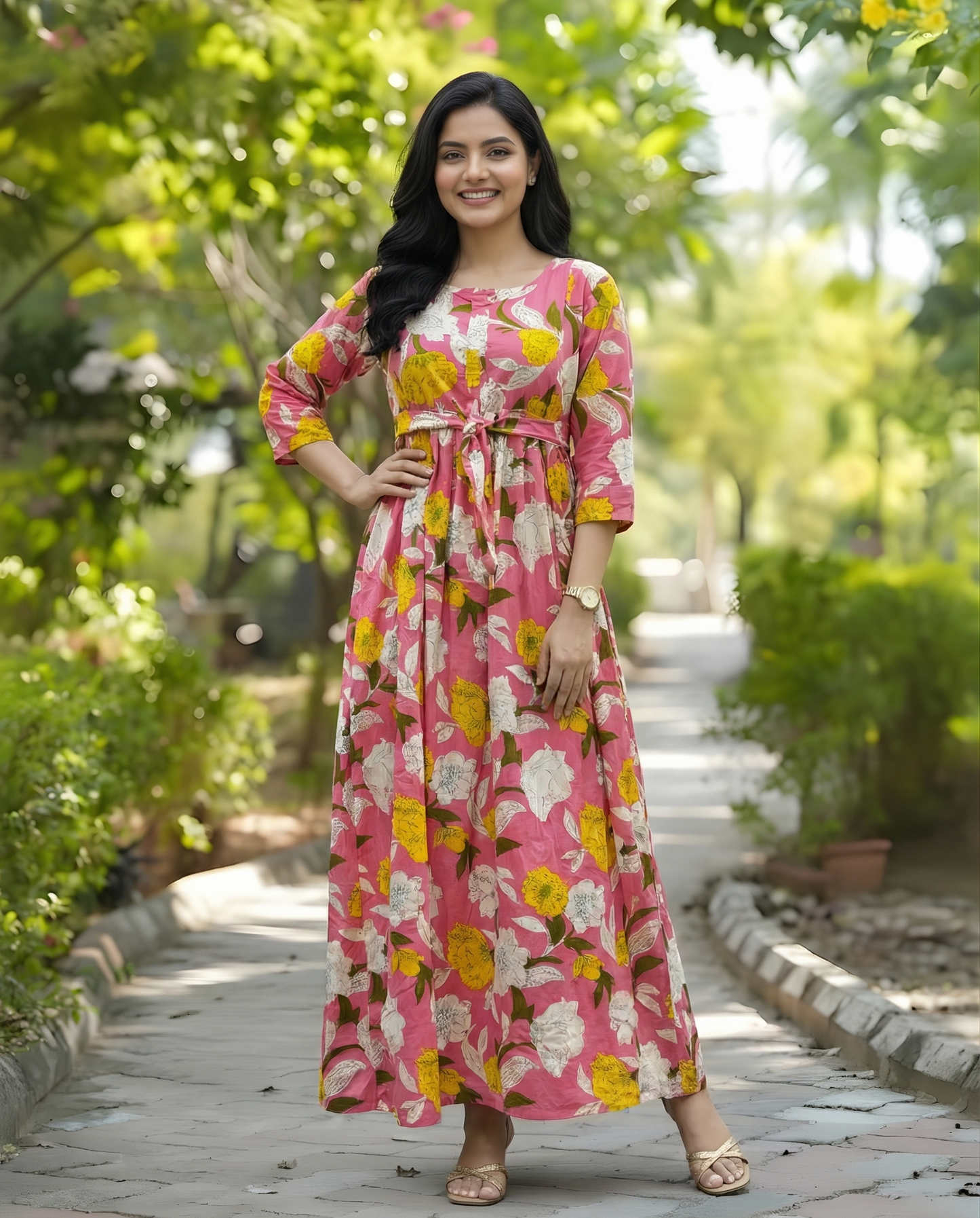 Baby Pink - Mix Flower - Maternity Kurti with Feeding Zips - Cotton Flex - Thicker Fabric