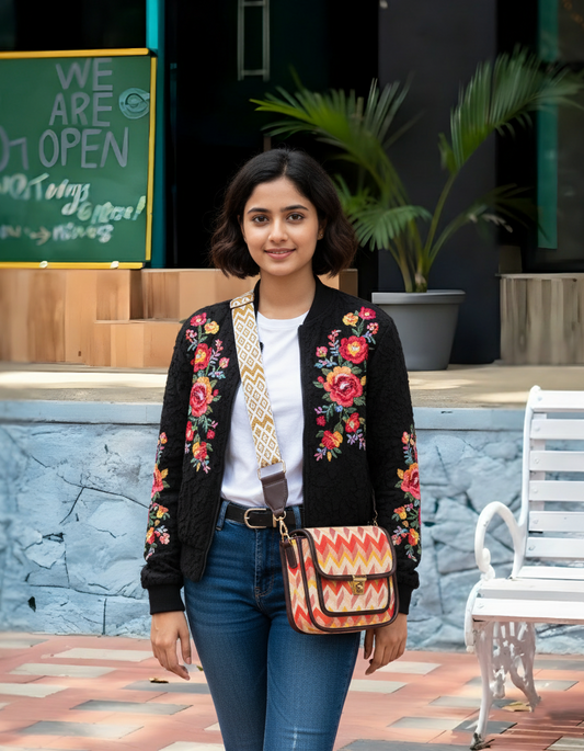 Feista - Orange Cream ZigZag - 4 Zips - pockets sling bag with Aztec Belt