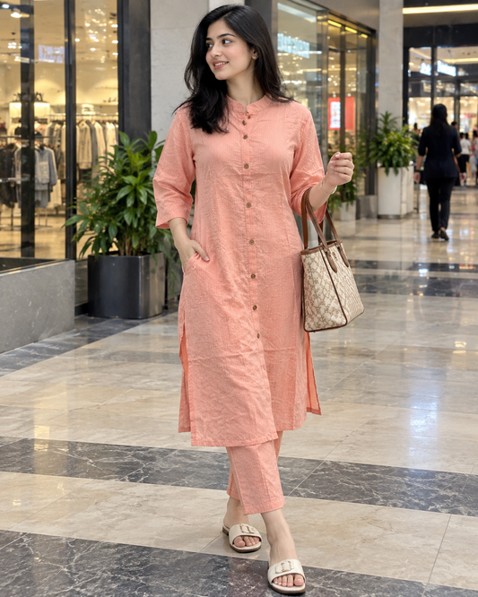 Katha Work - Peach - Cord Set - Pure Cotton