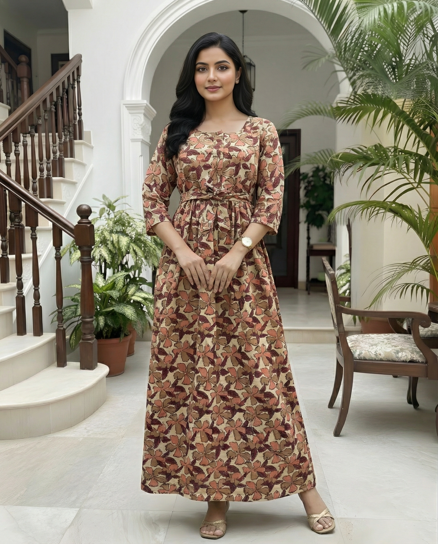 Pink Cream Leaf - Maternity Kurti with Feeding Zips - Cotton Flex - Thicker Fabric