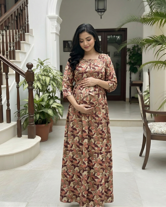 Pink Cream Leaf - Maternity Kurti with Feeding Zips - Cotton Flex - Thicker Fabric