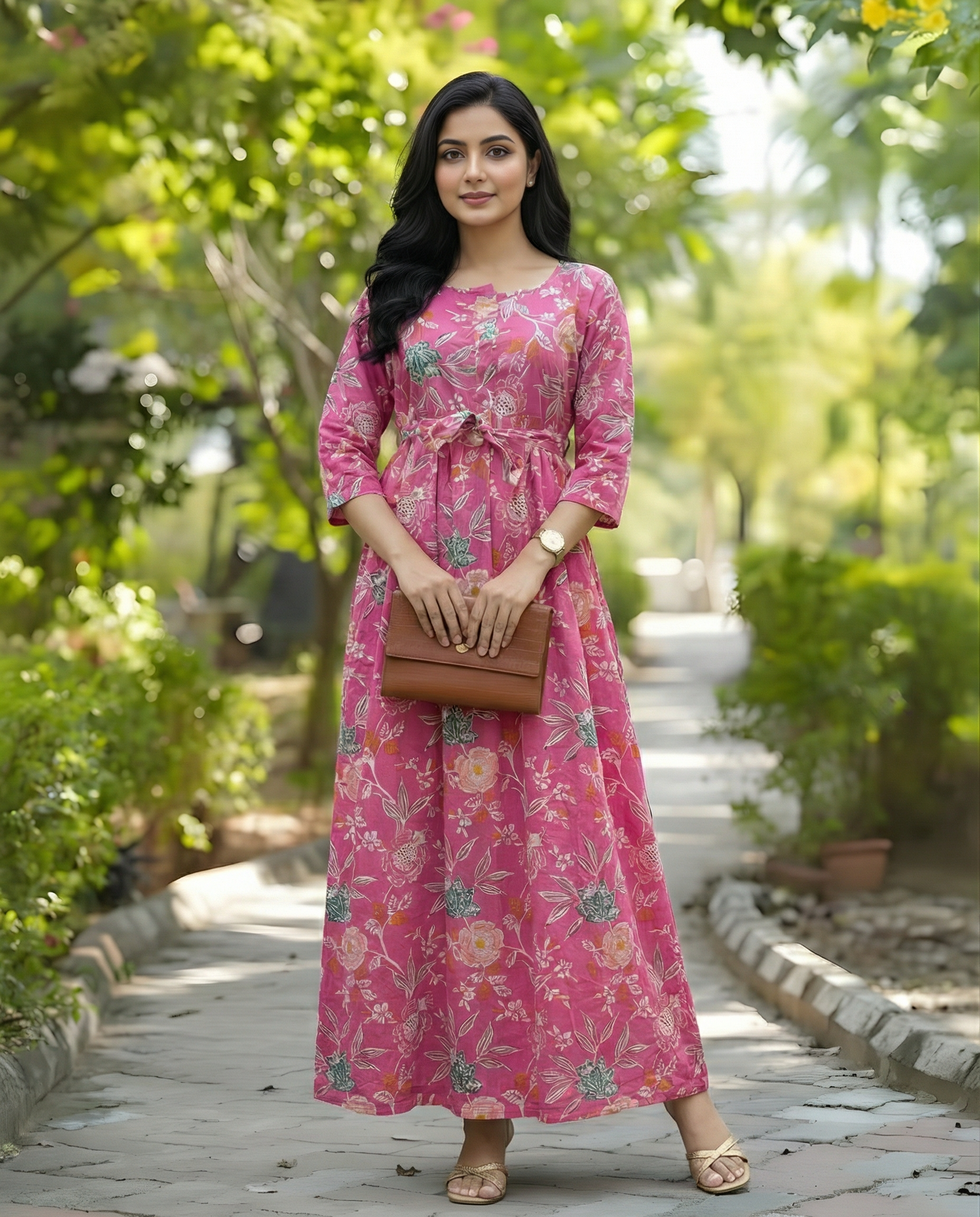Pink Green Flower - Maternity Kurti with Feeding Zips - Cambric Cotton