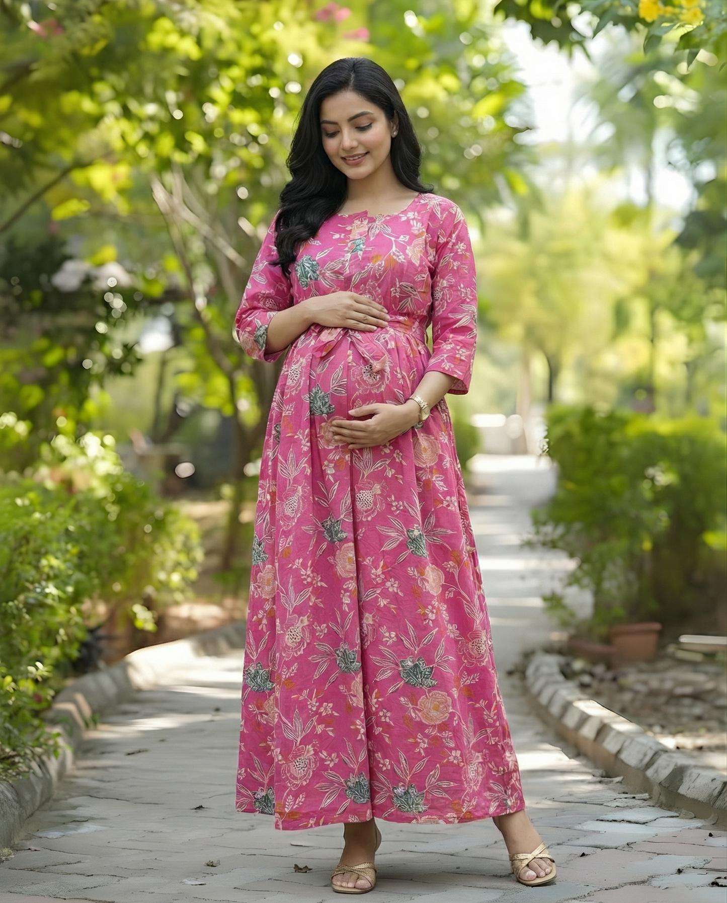 Pink Green Flower - Maternity Kurti with Feeding Zips - Cambric Cotton