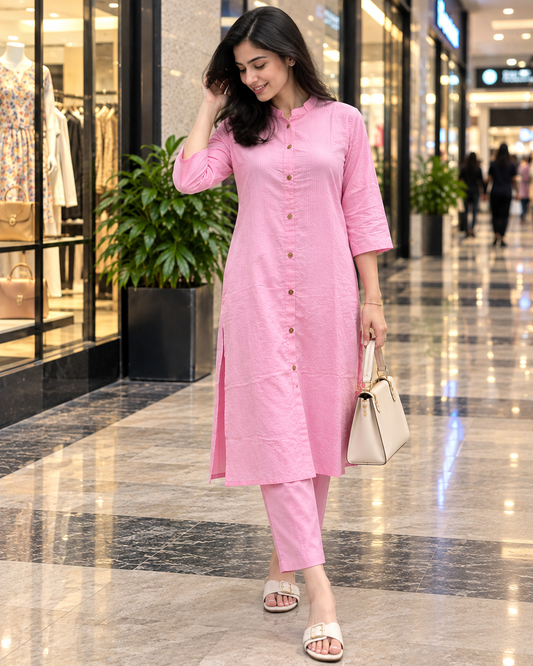 Katha Work - Baby Pink - Cord Set - Pure Cotton