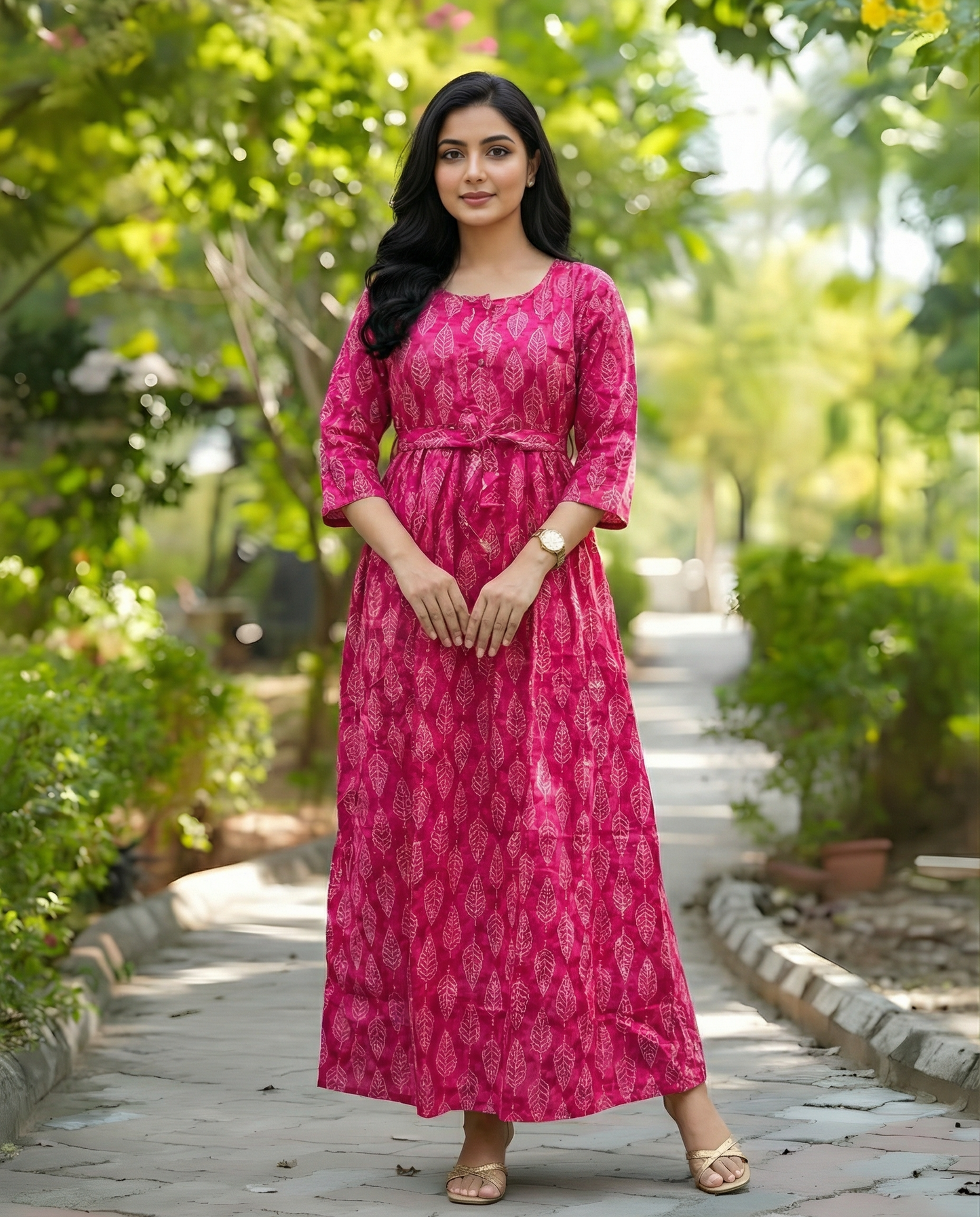 Pink White Leaves - Maternity Kurti with Feeding Zips - Cambric Cotton