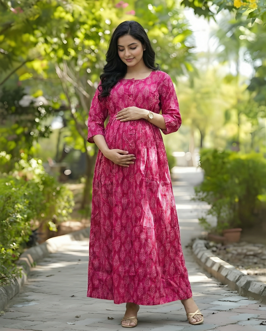 Pink White Leaves - Maternity Kurti with Feeding Zips - Cambric Cotton