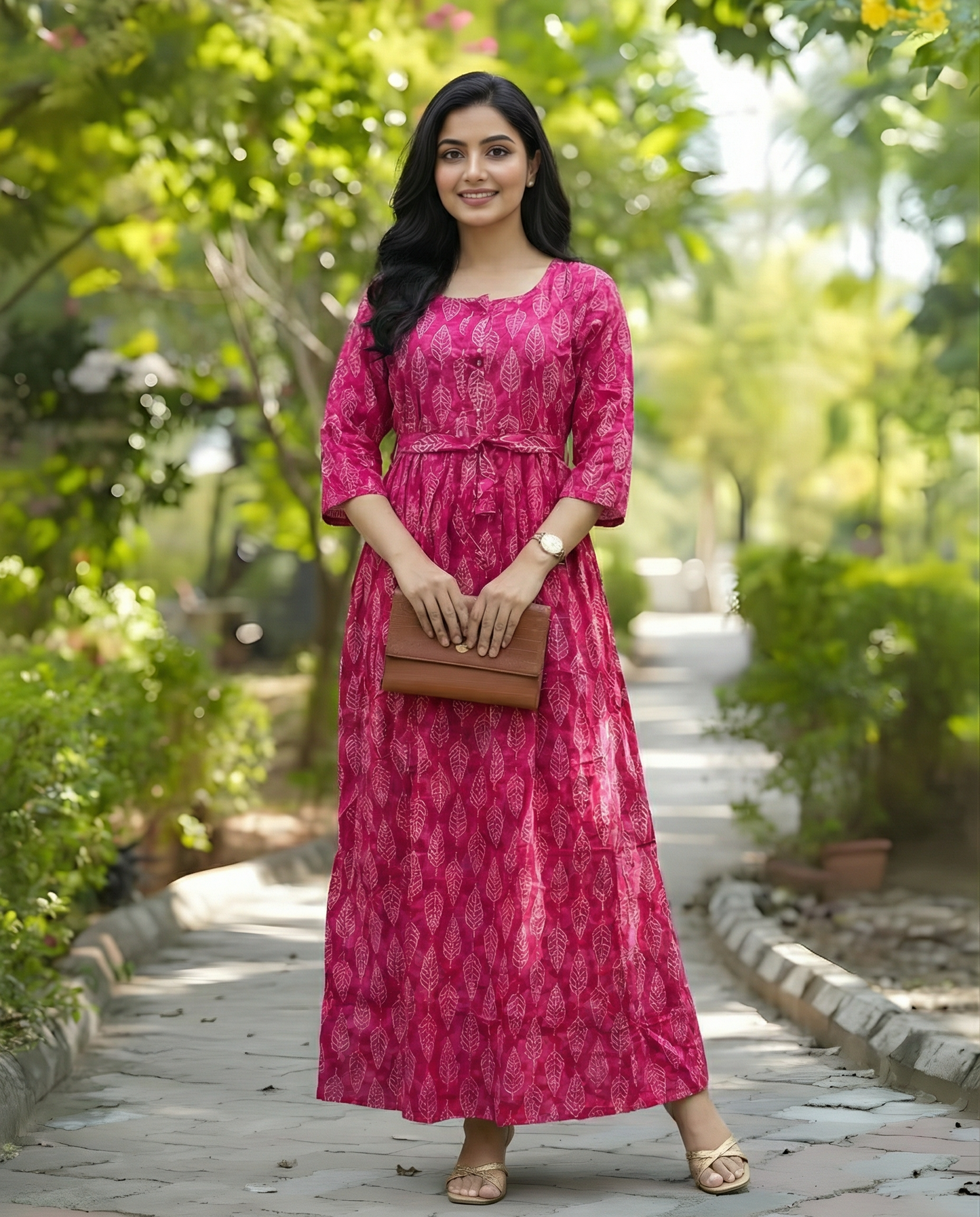 Pink White Leaves - Maternity Kurti with Feeding Zips - Cambric Cotton