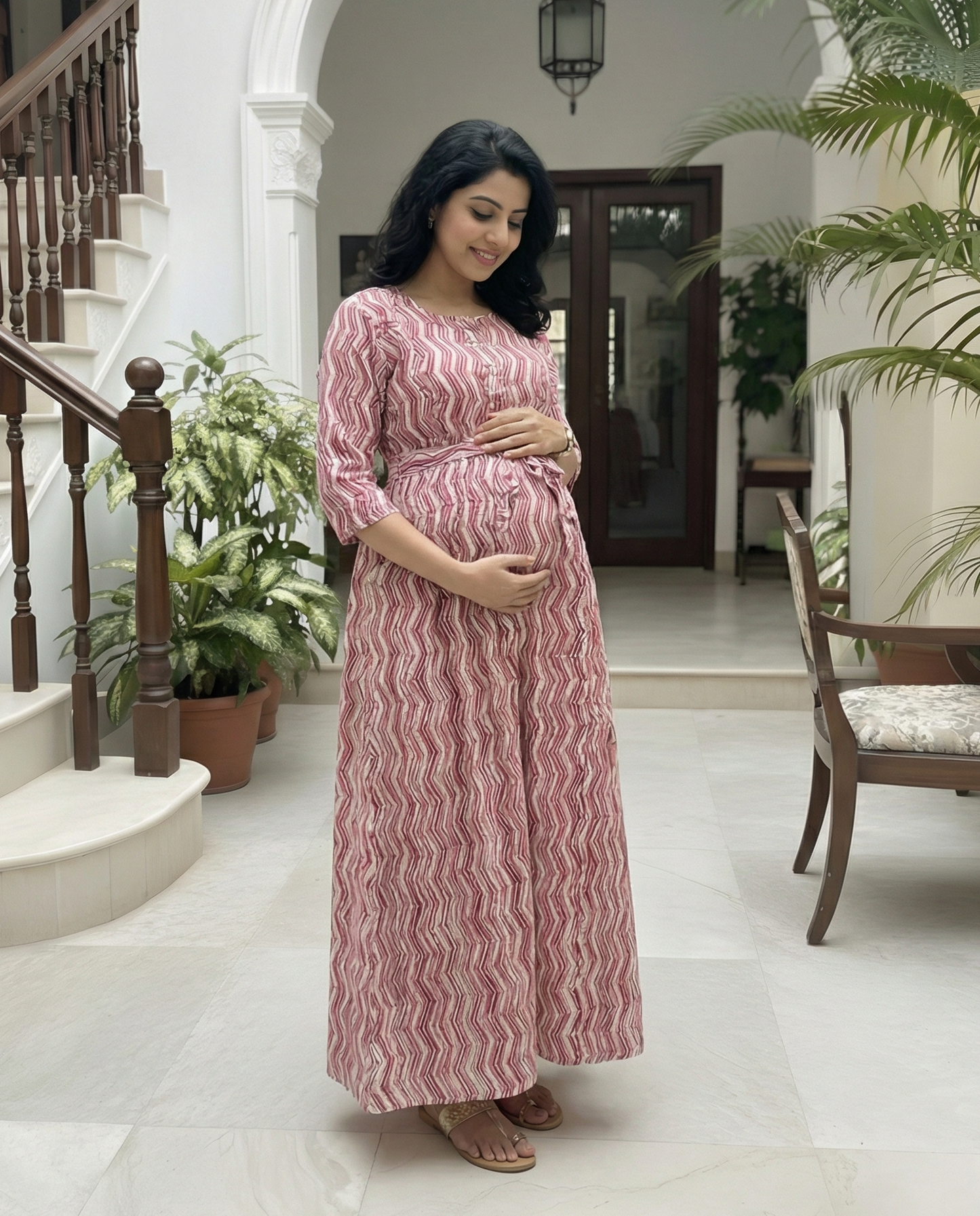 Pink ZigZag - Maternity Kurti with Feeding Zips - Soft Rayon