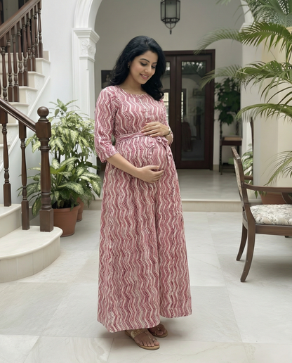 Pink ZigZag - Maternity Kurti with Feeding Zips - Soft Rayon